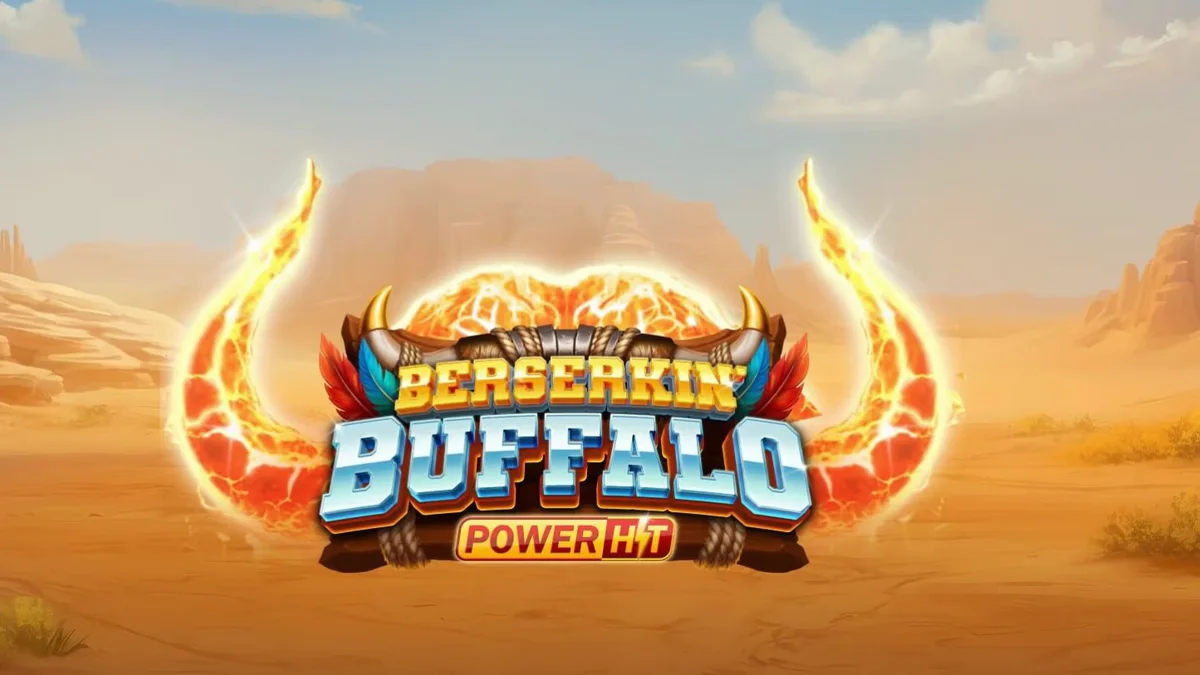 Tampilan visual slot Berserkin’ Buffalo Power Hit dengan latar belakang padang gurun dan simbol hewan mistis.